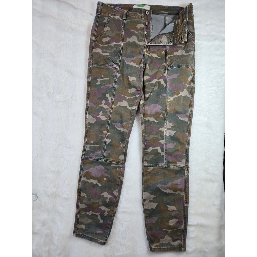 Anthropologie Camo Utility Pants Green Purple Button Fly Size 30 Slim Cargo